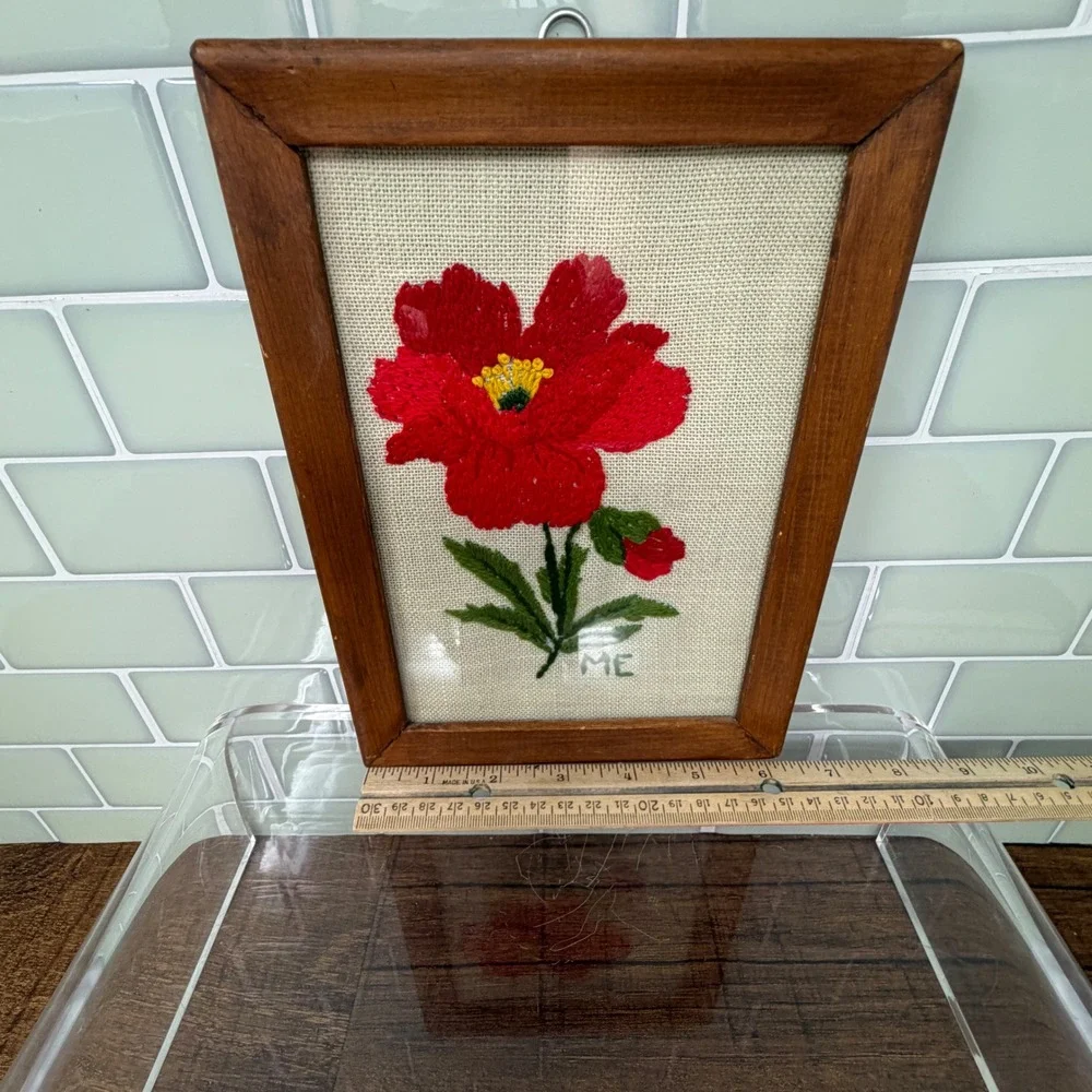 Vintage 1980 Handmade Floral‎ Embroidery Hand Made Wood Frame Art Signed ME